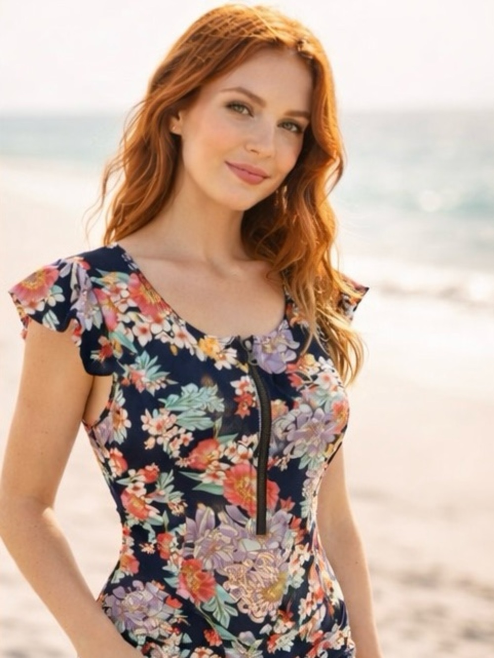 Boho Floral One Piece Swimsuit | Ruffle Sleeve Zip Front | Coastal Resort Swim